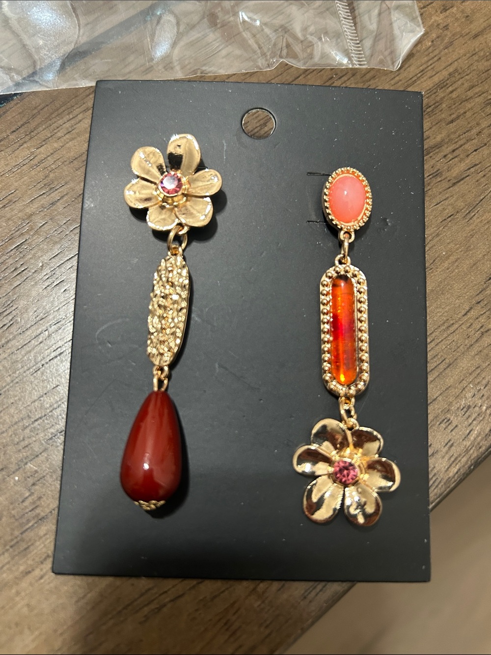 Gold Floral Drop Earrings with Coral and Red Accents